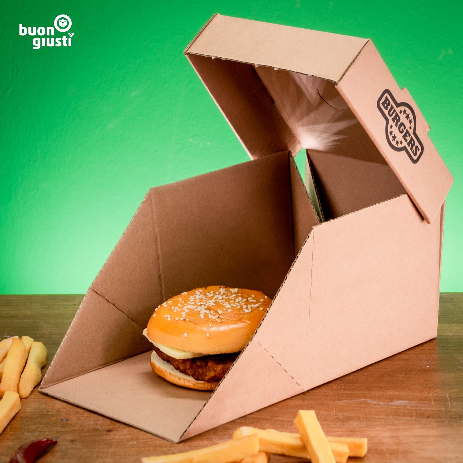 300x Burger-Box XL Motiv "Burger" Wellpappe 14x14x12 cm Faltdeckel braun - Burger - buongiusti AG - personalisiert ab 100 Stück