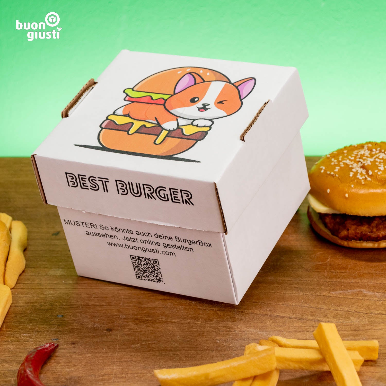 400x Bio Burger-Box Personalisiert Wellpappe 12x12x10 cm weiß | Gedruckt in ca. 3 Tagen! - Burger - buongiusti AG - personalisiert ab 100 Stück