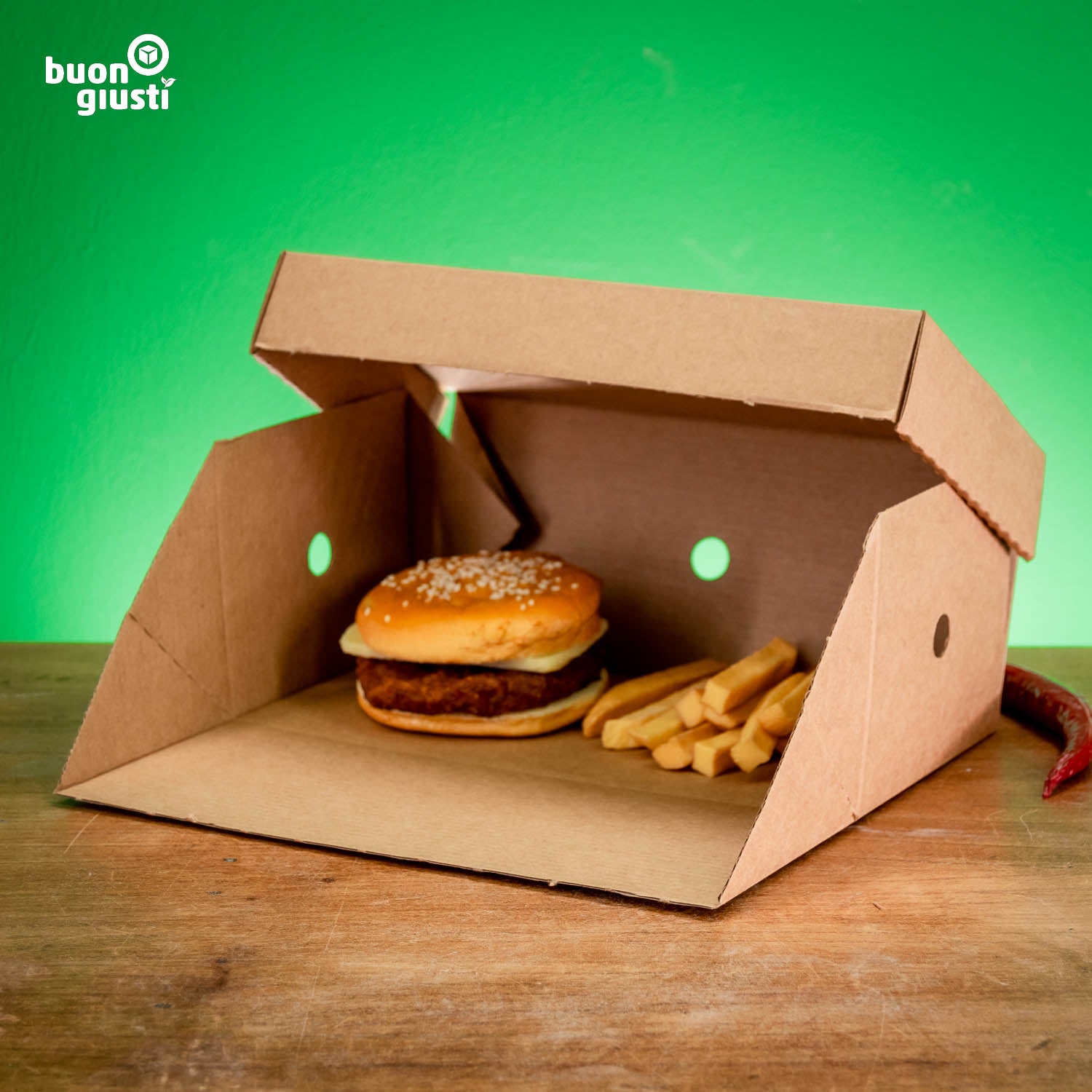 200x Bio Burger-Box Personalisiert Wellpappe 24x12x10 cm für 2 Burger | Gedruckt in ca. 3 Tagen! - Burger - buongiusti AG - personalisiert ab 100 Stück