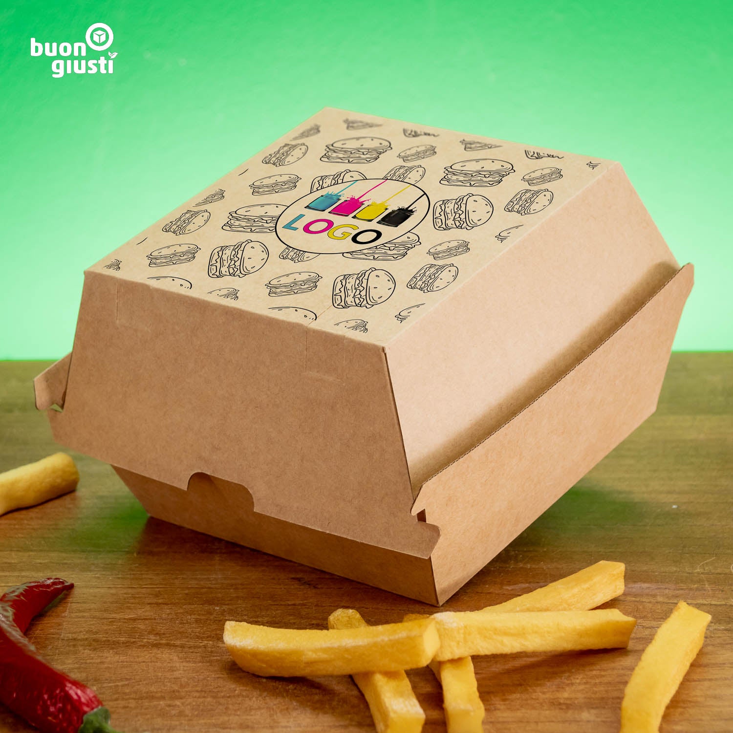 200x Bio Burger-Box Personalisiert 17x16x10 cm 450ml Food Box braun | Gedruckt in ca. 3 Tagen! - Burger - buongiusti AG - personalisiert ab 100 Stück