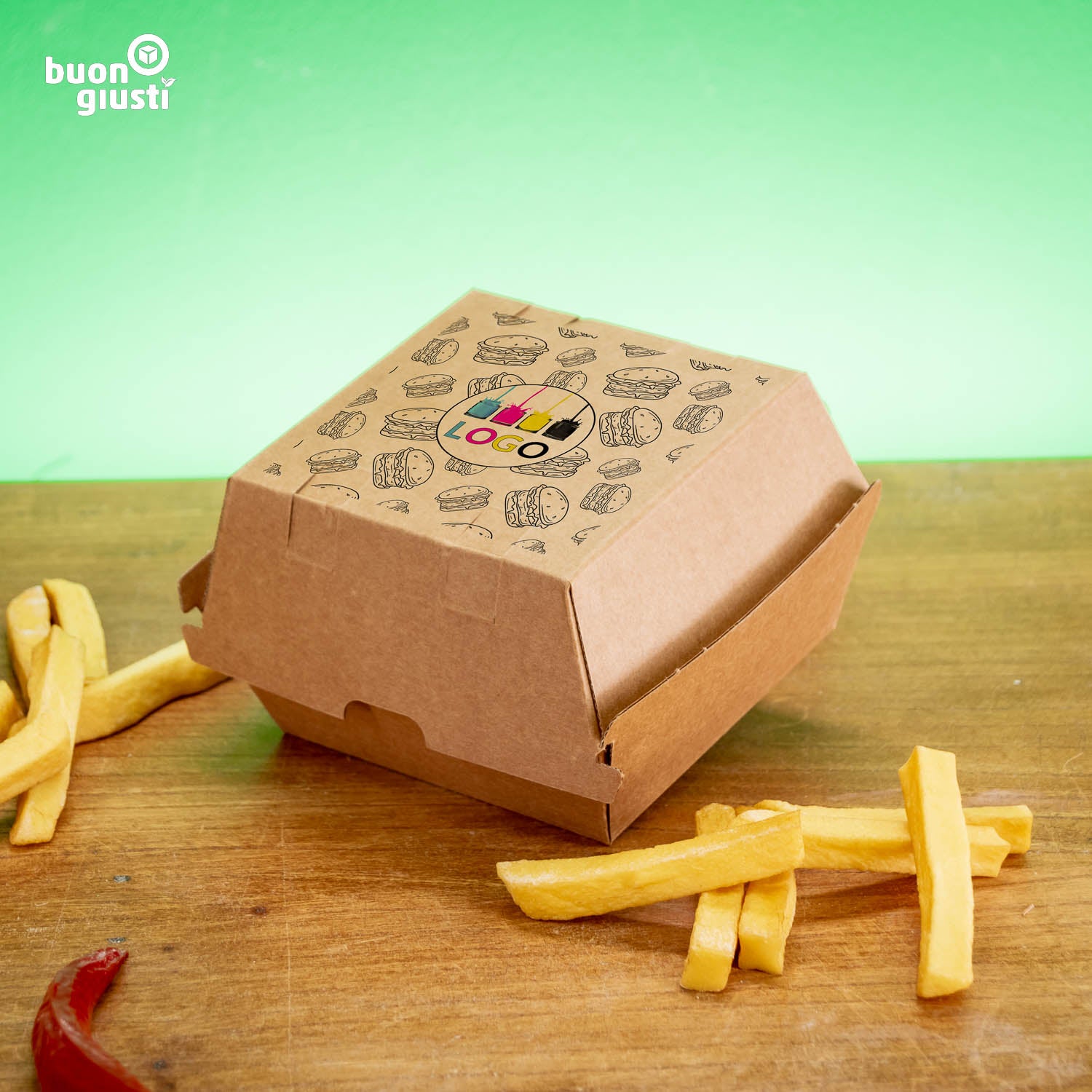 300x Bio Burger-Box Personalisiert Klappdeckel 13x14x8 cm 450ml | Gedruckt in ca. 3 Tagen! - Burger - buongiusti AG - personalisiert ab 100 Stück