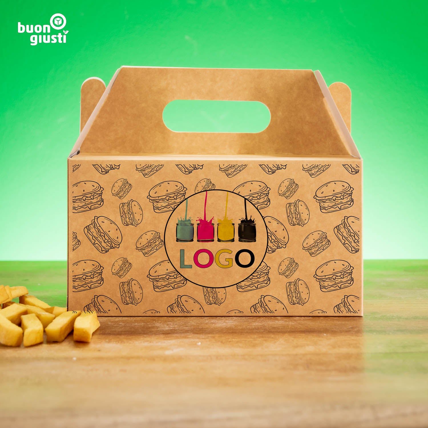 200x Lunchbox mit Griff Personalisiert 21x15x11 cm faltbar Food Box braun | Gedruckt in ca. 3 Tagen! - Burger - buongiusti AG - personalisiert ab 100 Stück