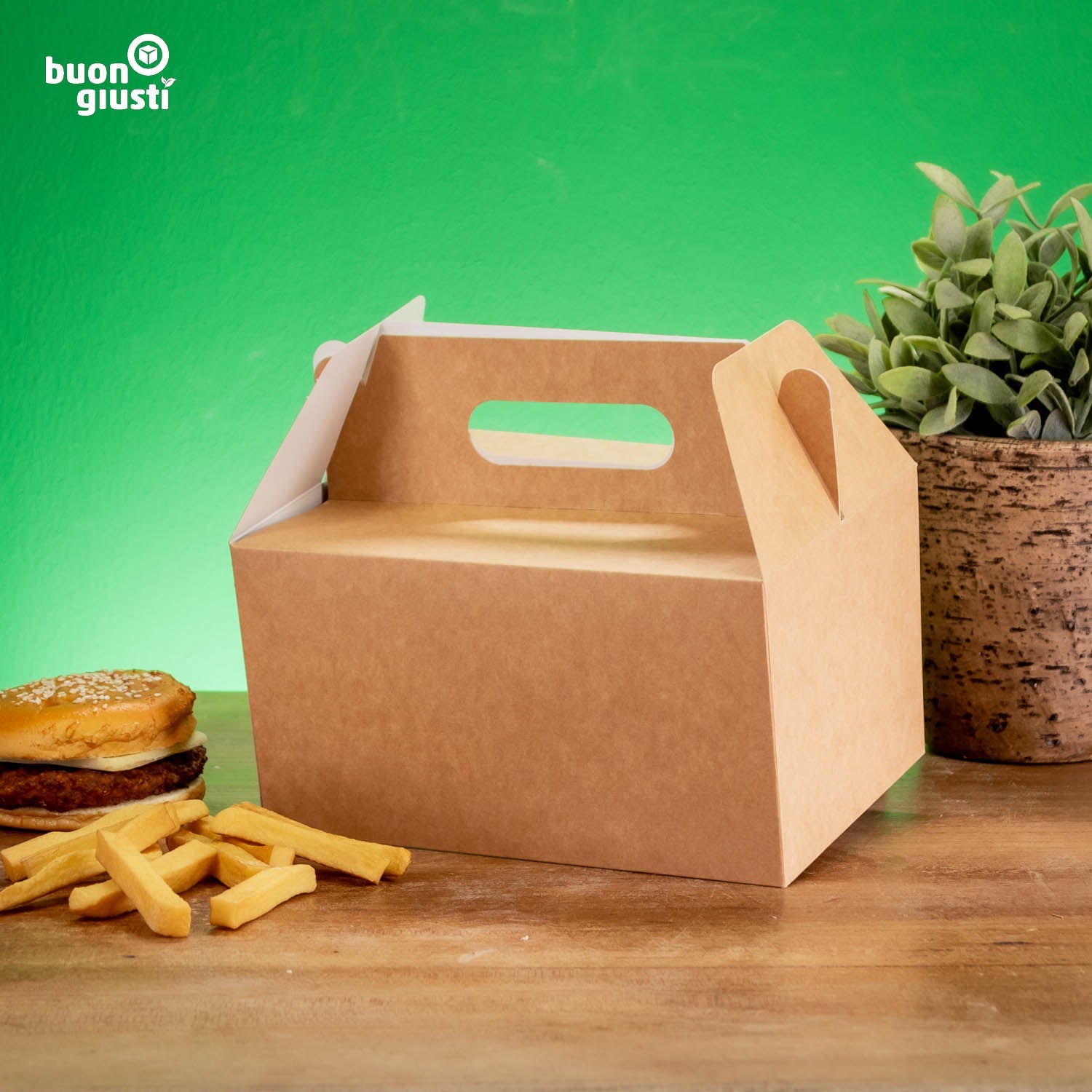 200x Lunchbox mit Griff 21x15x11 cm faltbar Food Box Kraftkarton braun - Burger - buongiusti AG - personalisiert ab 100 Stück