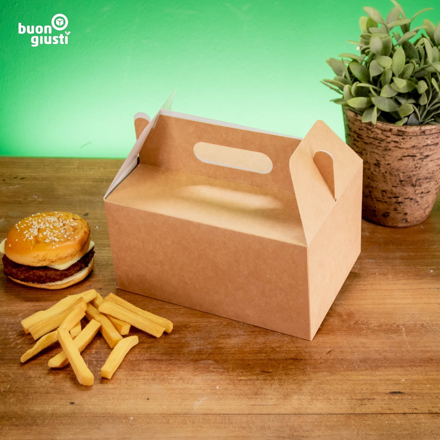 200x Lunchbox mit Griff 21x15x11 cm faltbar Food Box Kraftkarton braun - Burger - buongiusti AG - personalisiert ab 100 Stück