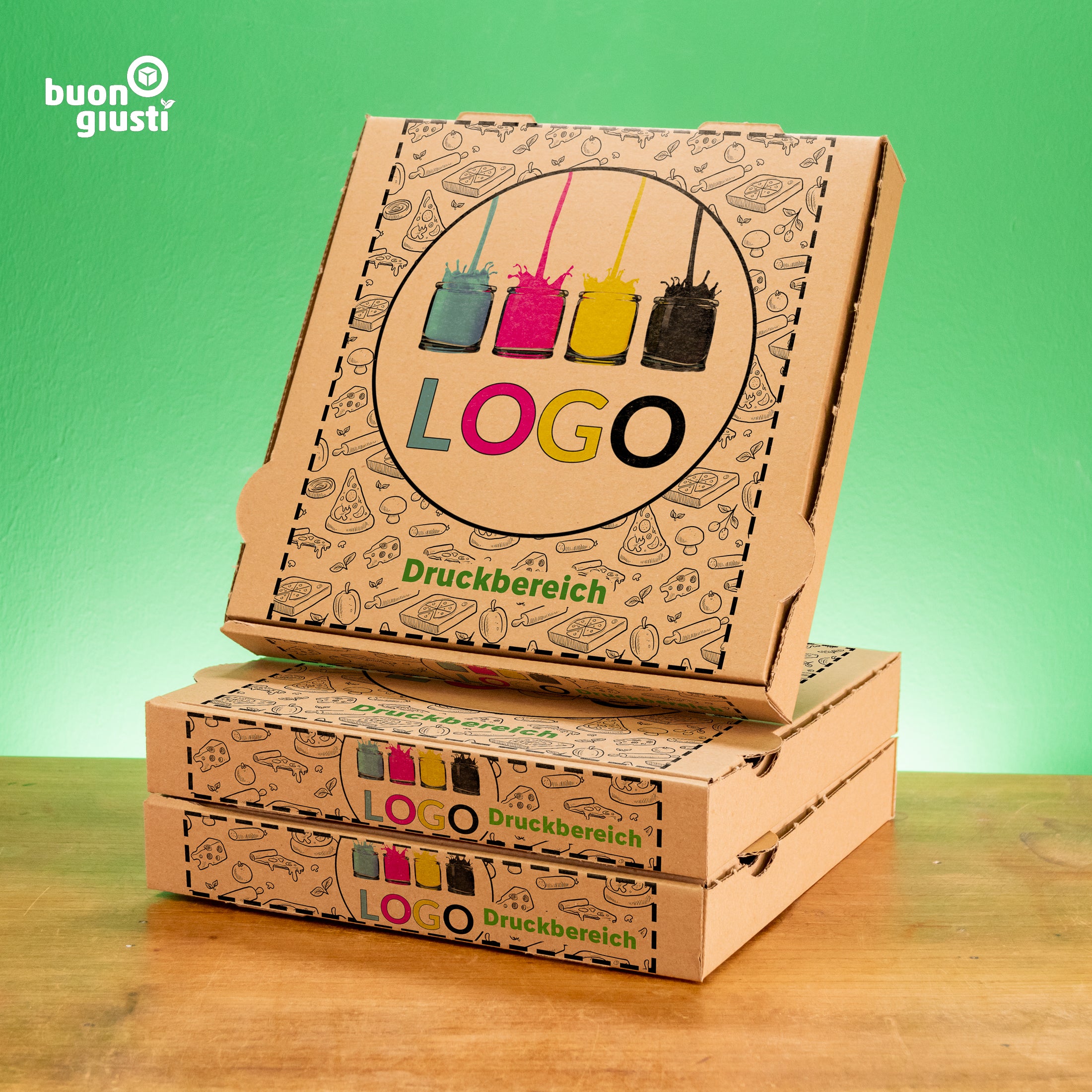 200 Stk. | 26x26x4 cm Pizzakarton individuell personalisiert digital bedruckt - Pizzakarton - buongiusti AG - personalisiert ab 100 Stück
