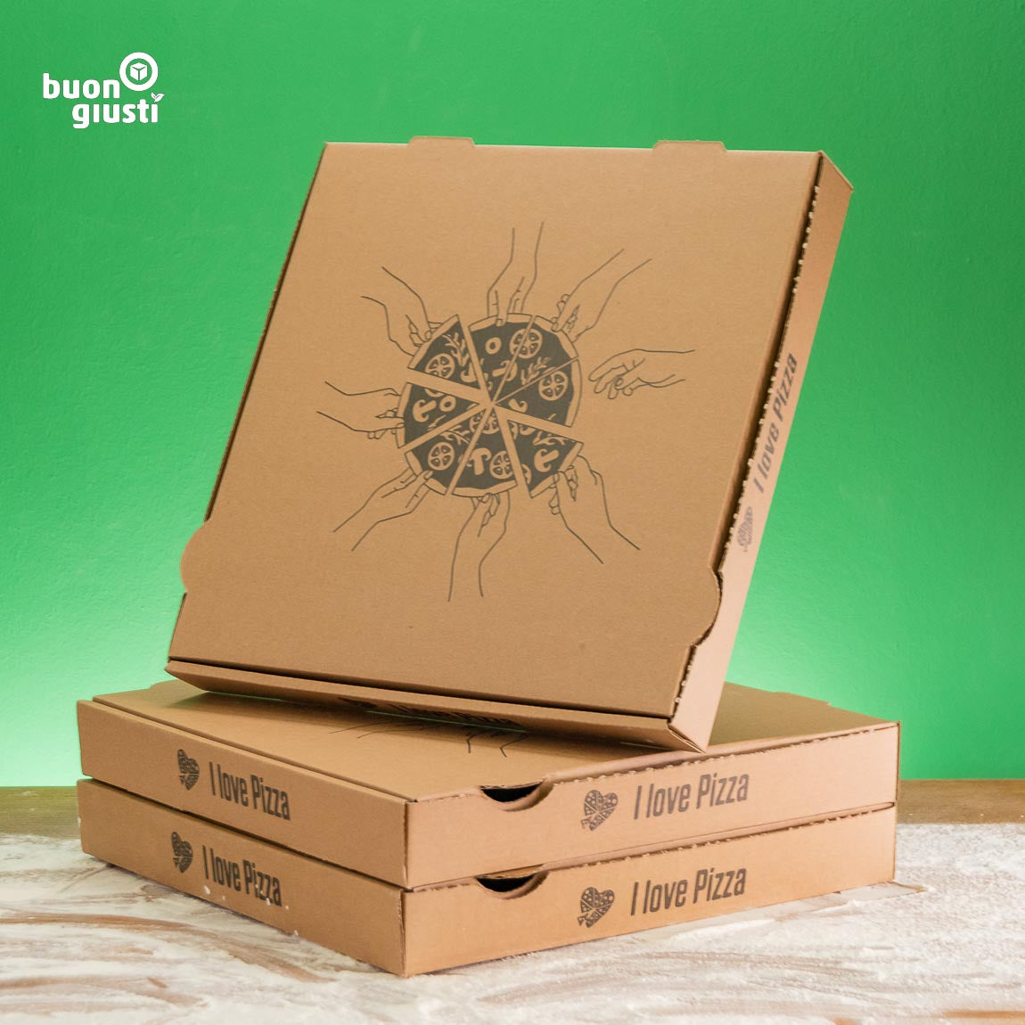 200 Stk. | 30x30x4 cm Pizzakarton Doppel-Kraft "I LOVE PIZZA" Motivdruck - Pizzakarton - buongiusti AG - personalisiert ab 100 Stück