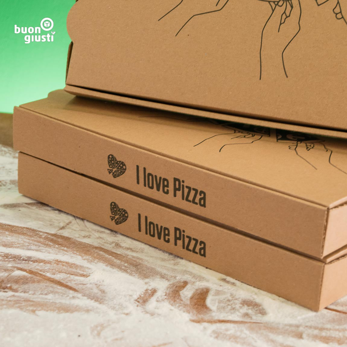 200 Stk. | 32x32x4 cm Pizzakarton Doppel-Kraft "I LOVE PIZZA" Motivdruck - Pizzakarton - buongiusti AG - personalisiert ab 100 Stück