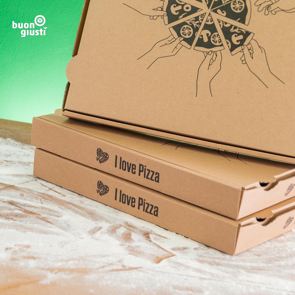 200 Stk. | 33x33x4 cm Pizzakarton Doppel-Kraft "I LOVE PIZZA" Motivdruck - Pizzakarton - buongiusti AG - personalisiert ab 100 Stück